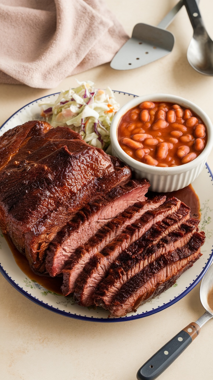 A plate of sliced BBQ beef brisket served with coleslaw and baked beans.