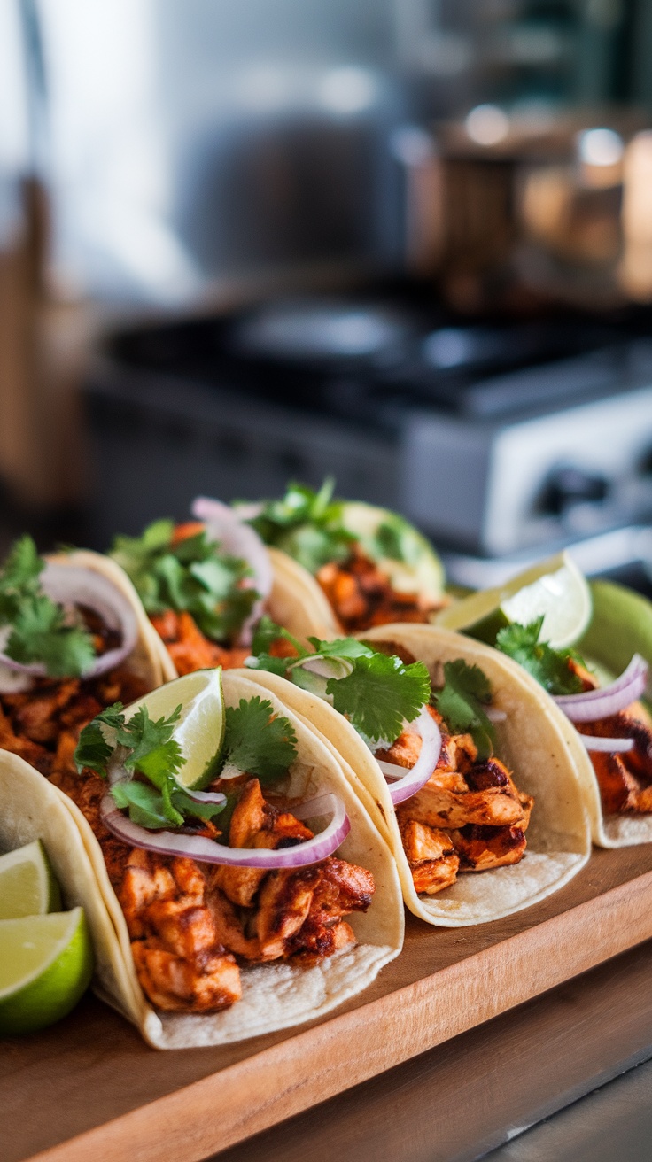 Spicy BBQ chicken tacos with fresh cilantro and lime slices