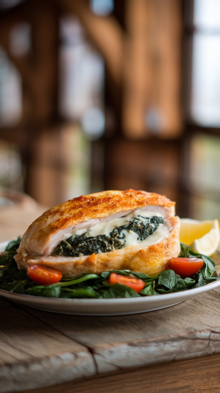 A delicious stuffed chicken breast filled with spinach and cheese served on a plate with spinach and cherry tomatoes.