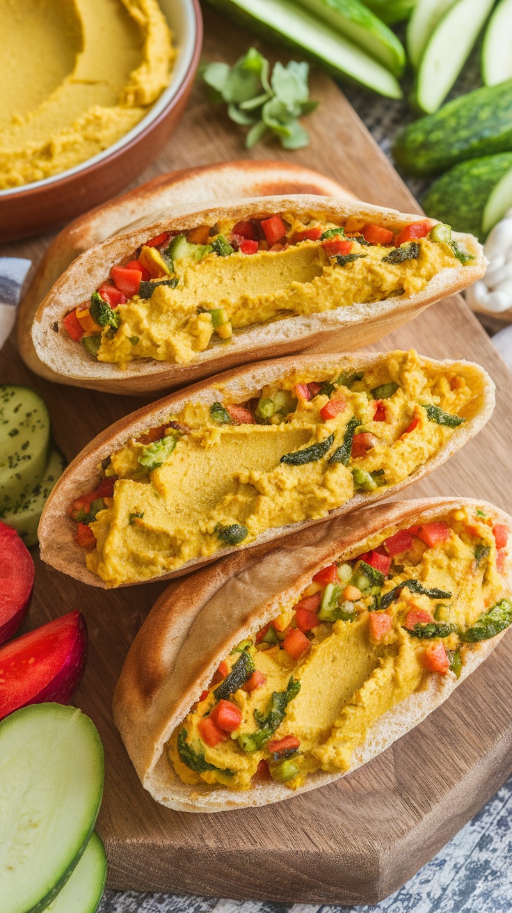 Three stuffed pita pockets filled with hummus and colorful veggies, displayed on a wooden board.