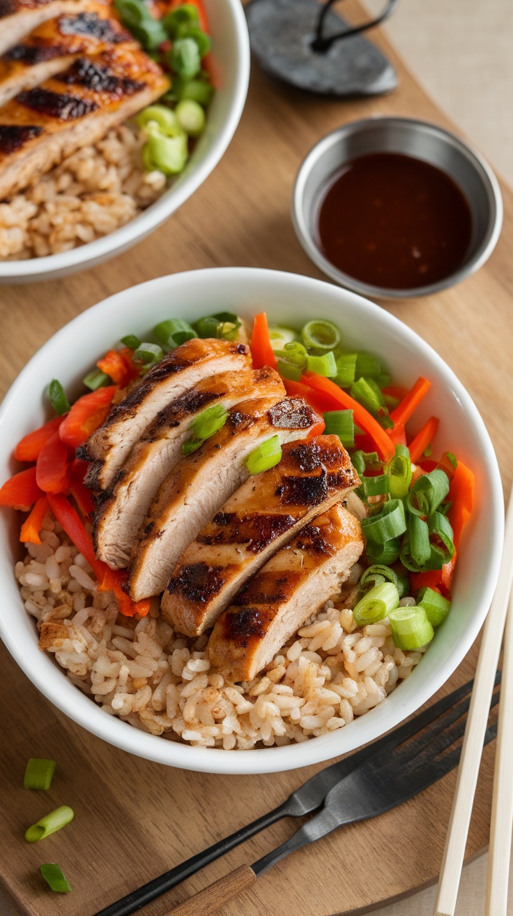 A delicious bowl of teriyaki chicken served over rice with colorful vegetables.