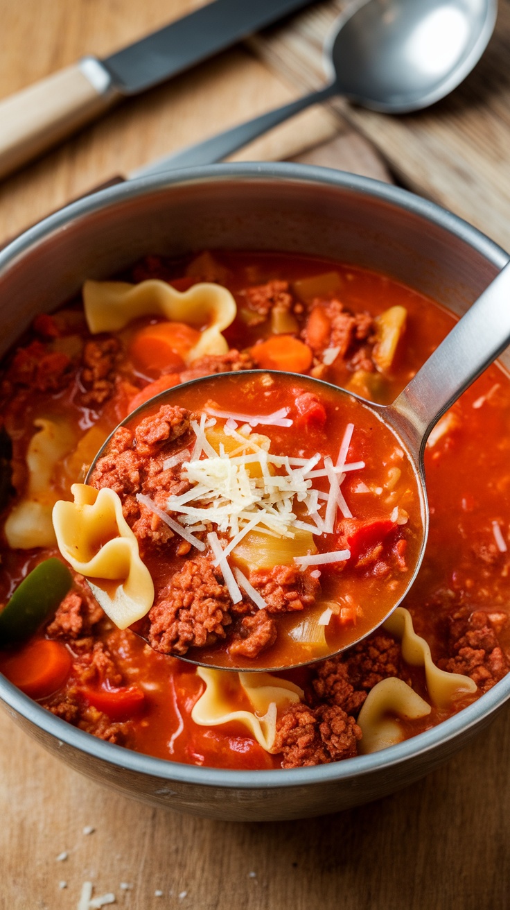 A delicious bowl of lasagna soup with ground beef, tomatoes, and cheese, garnished with basil.