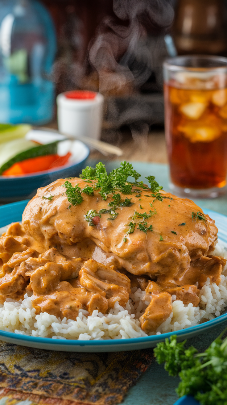 Smothered Chicken on fluffy rice with creamy sauce, garnished with parsley on a rustic table.