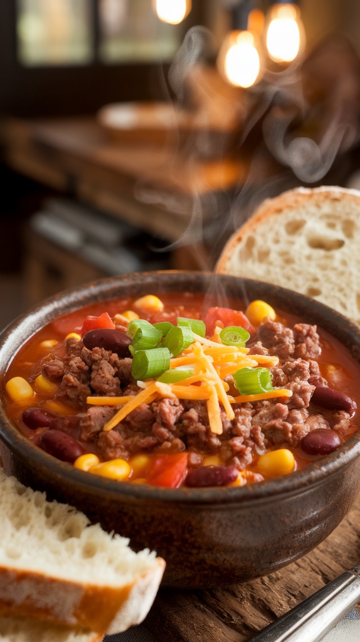 A bowl of Cowboy Soup with beef, beans, and corn, garnished with green onions and cheese, on a rustic wooden table.