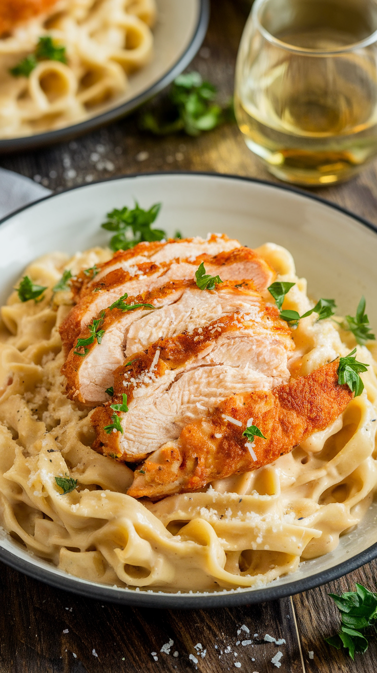 Crispy Chicken Fettuccine Alfredo with golden chicken and creamy fettuccine noodles, garnished with parsley and Parmesan cheese.