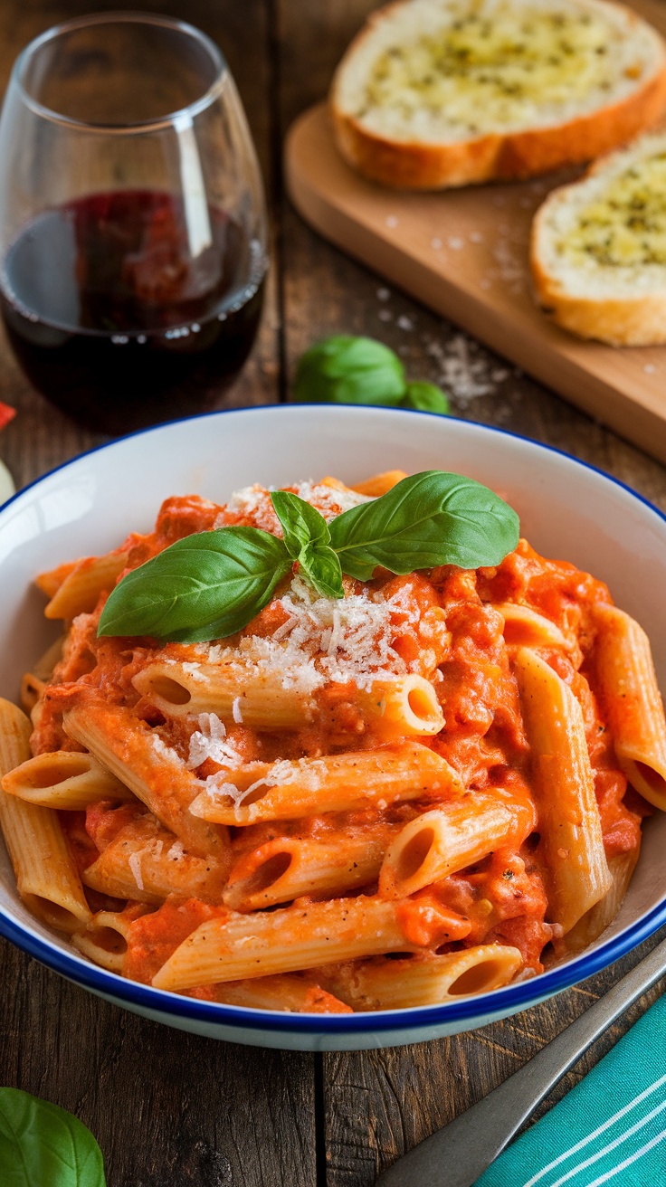 Creamy vodka pasta with bowtie shape, garnished with basil and Parmesan, served with garlic bread and red wine.