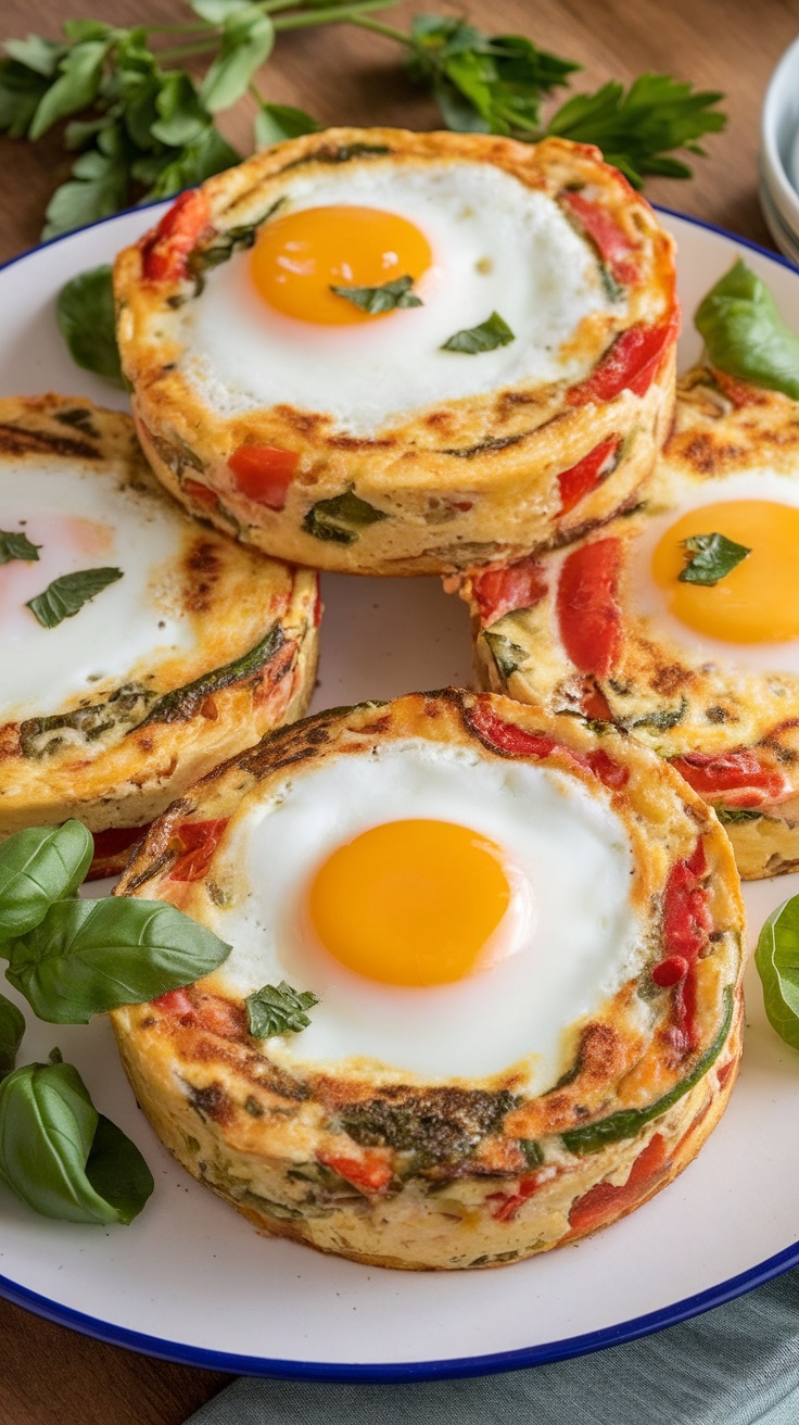 Mini vegetable and cheese frittatas with vibrant colors and egg yolks on top.