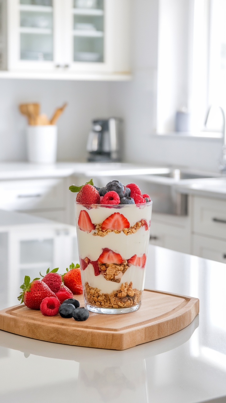 A delicious yogurt parfait layered with granola and fresh berries in a clear glass.