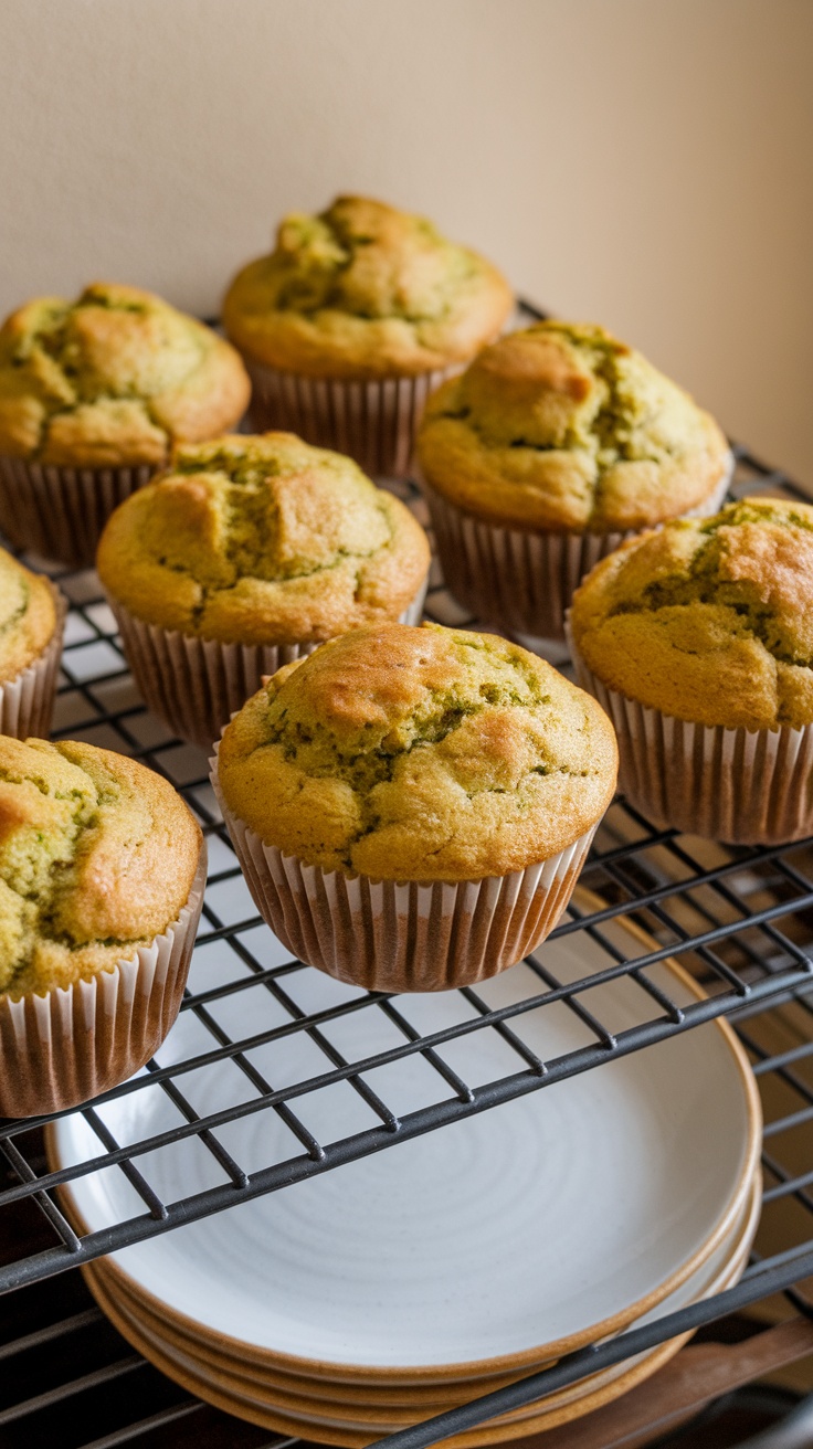 Freshly baked zucchini bread muffins cooling on a wire rack.